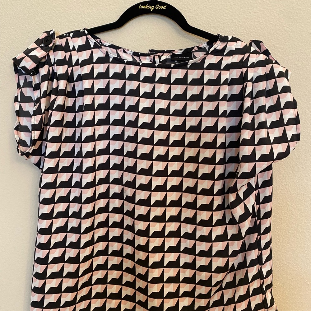 Pink Black and White printed blouse. Perfect for work.